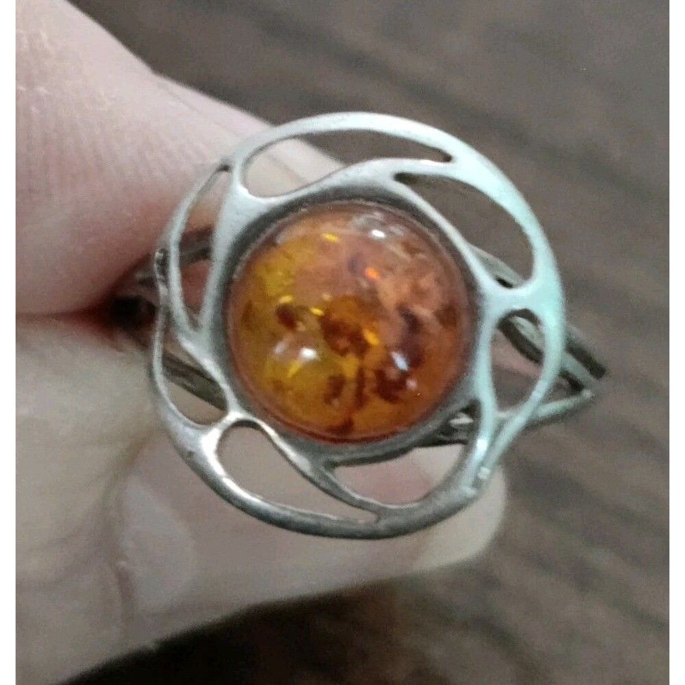 VINTAGE AMBER 925 STERLING SILVER RING Signed Sz 7 Delicate 2g